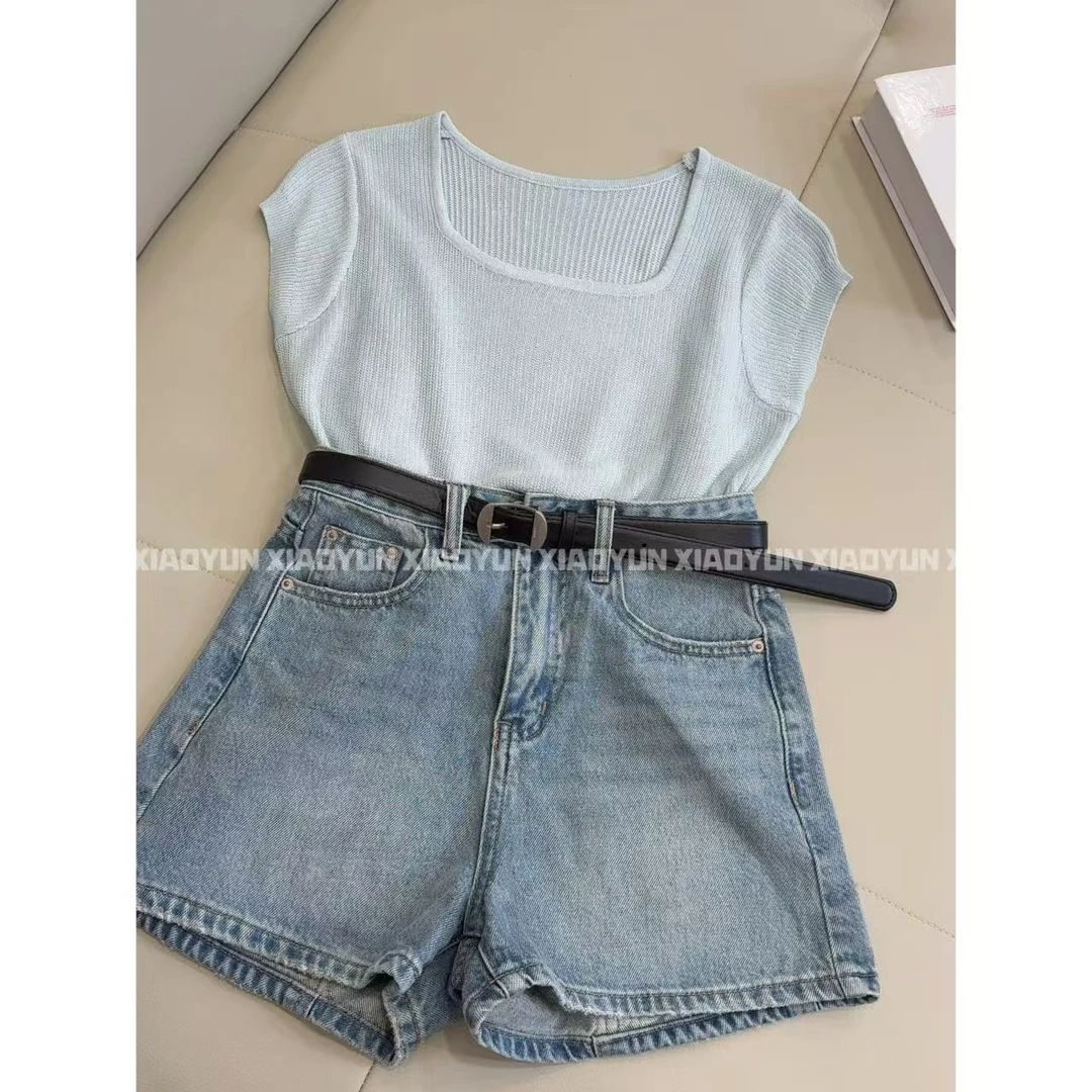 方领针织T 小允姐姐2025新款时尚气质高级方领针织T恤上衣