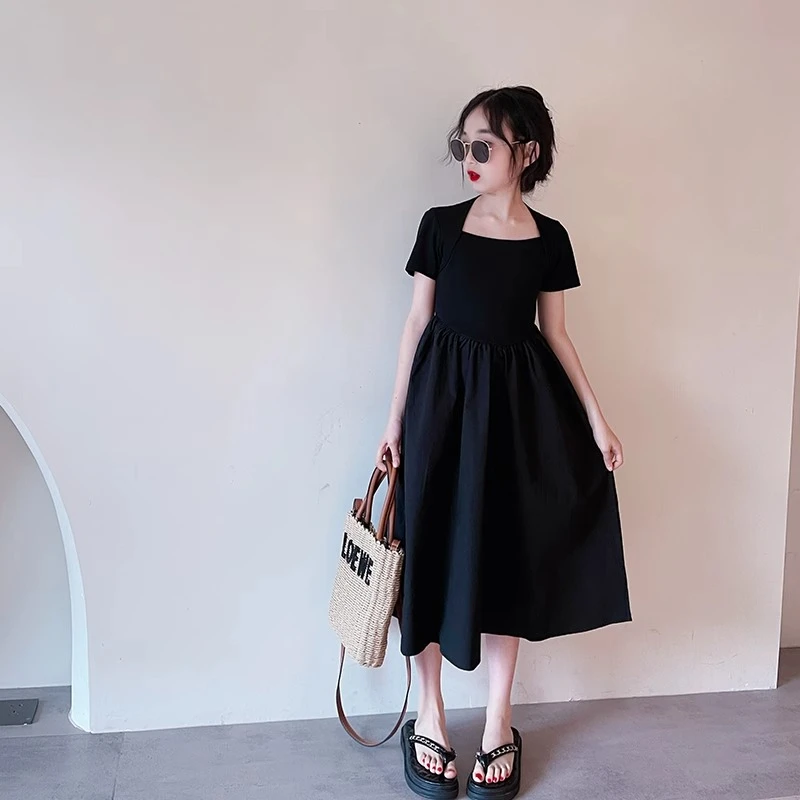 女大童连衣裙夏季2025新款洋气儿童夏装女孩法式裙子赫本风小黑裙