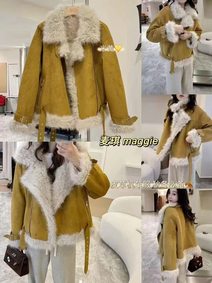2107加绒加厚短款麂皮绒机车服女2025冬新款皮毛一体羊羔毛外套