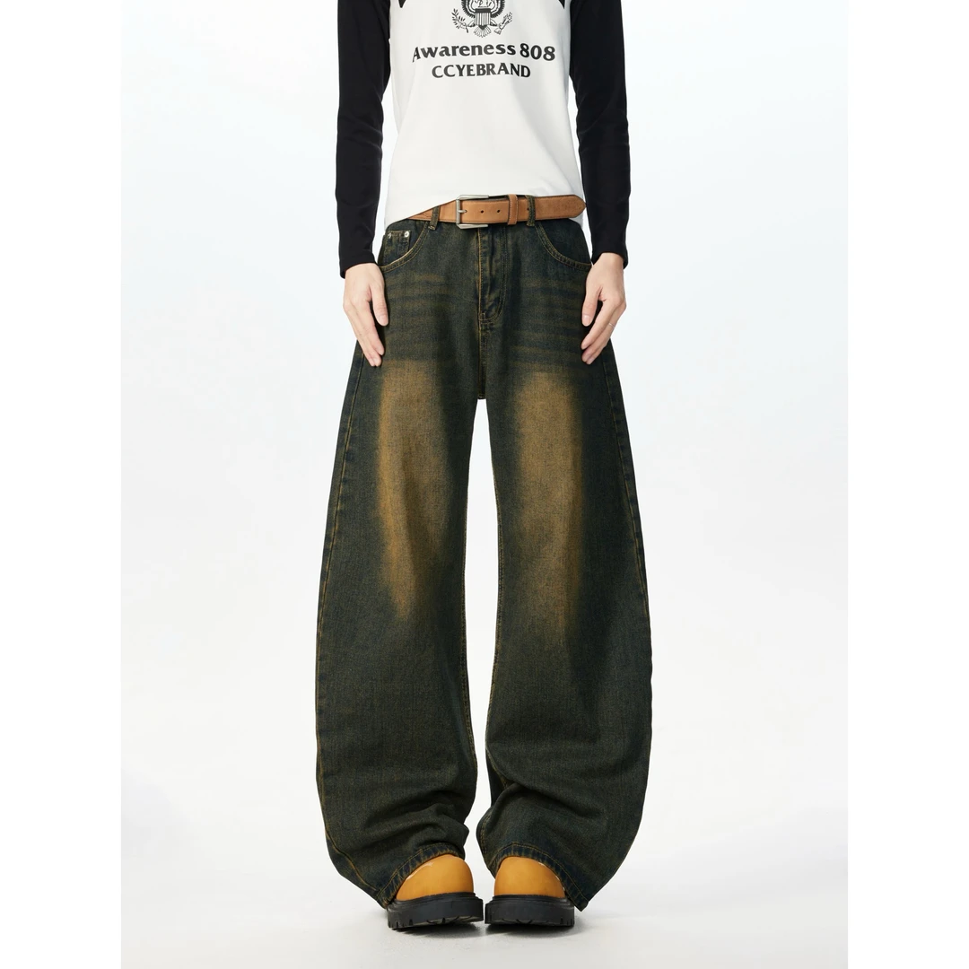 美式复古cleanfit阔腿弯刀牛仔裤男女街头小众设计感宽松休闲裤潮