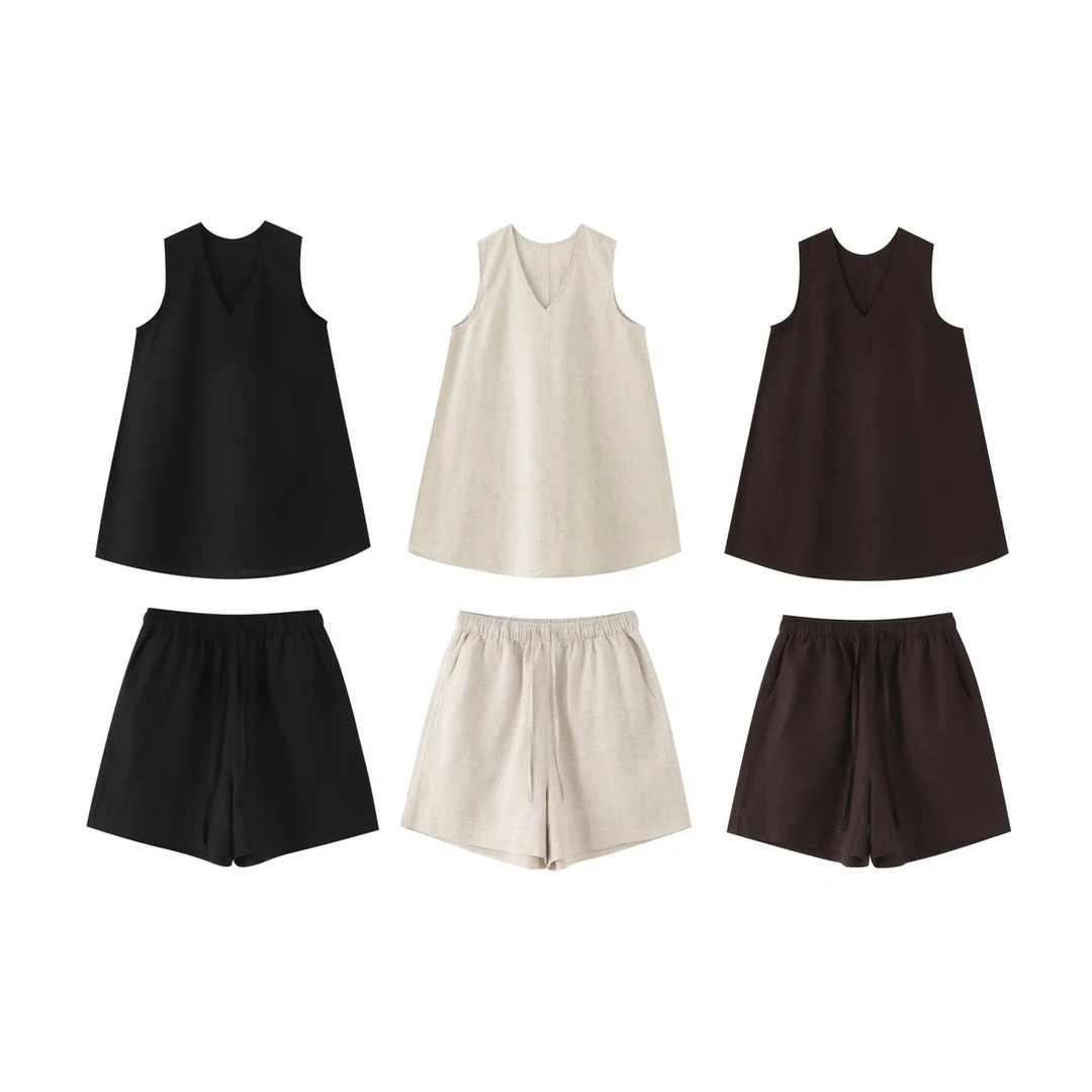 净边V领立体裁剪水洗天丝亚麻微阔弧形无袖背心套装53687