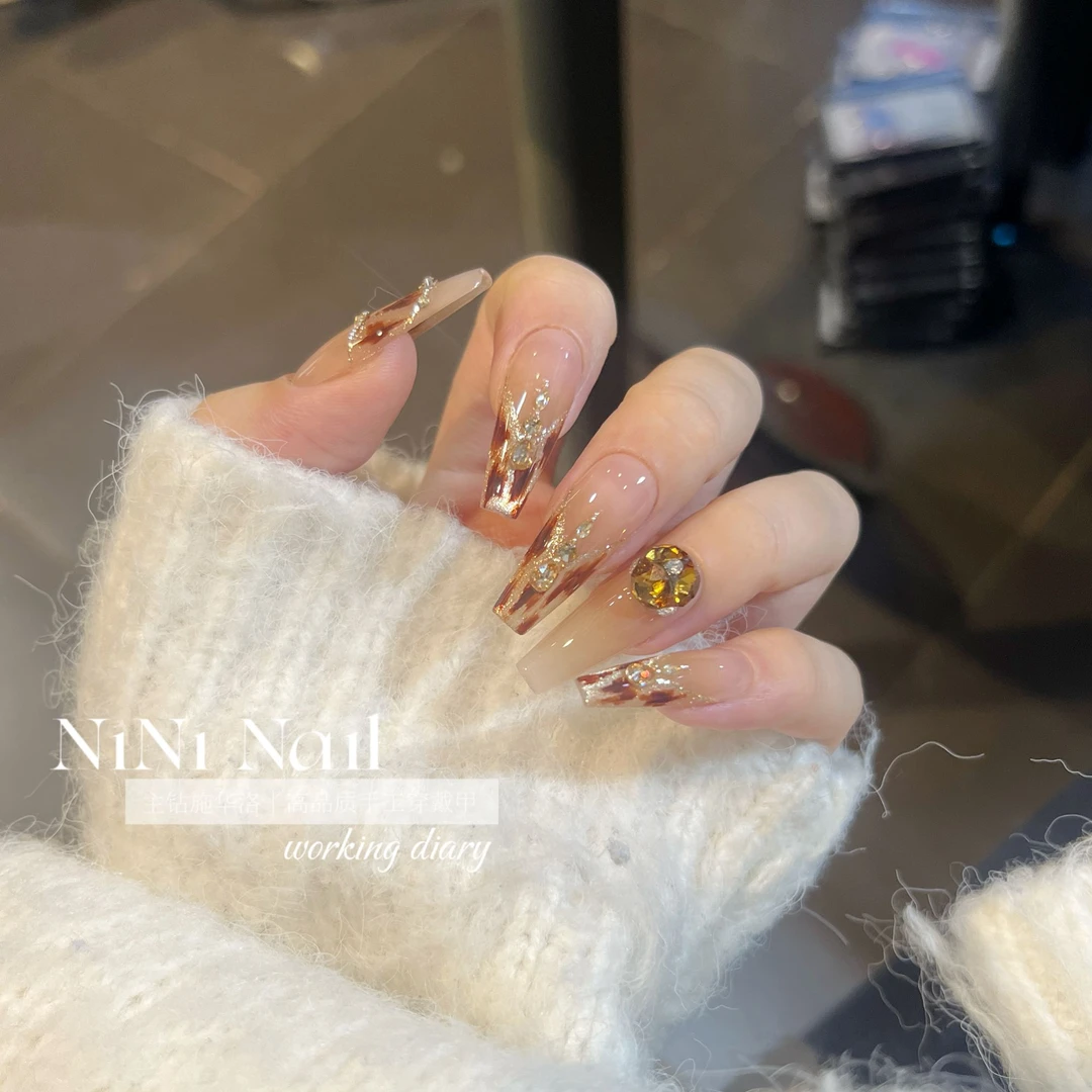 NINI【琥珀流光】纯手工穿戴甲施家华子钻