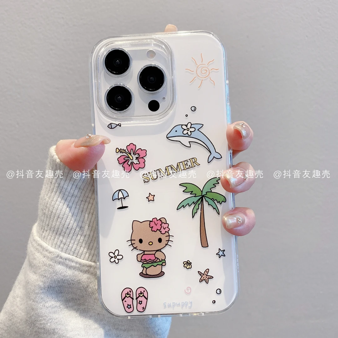 适用于苹果16手机壳新款华为vivo小米oppoIMD奶油壳可爱沙滩凯蒂