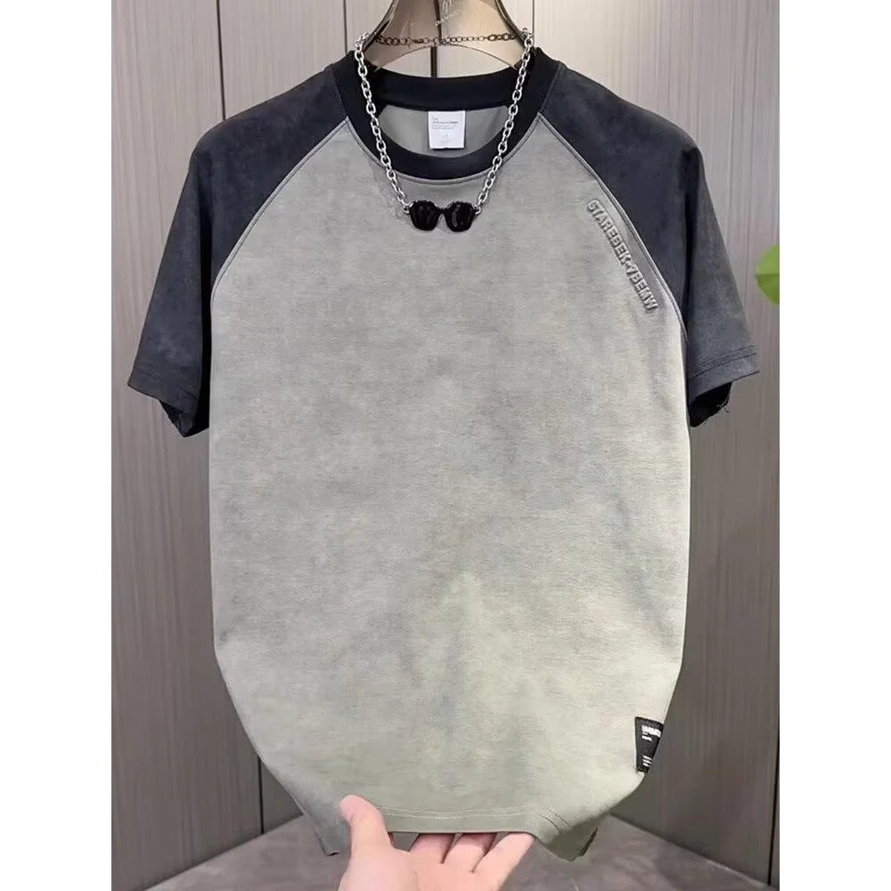 男士短袖款t恤衫夏季拼色扎染潮牌半袖体恤男港风T恤宽松透气上衣