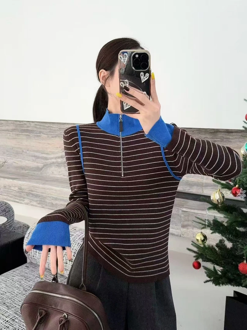 条纹撞色羊毛针织衫女2025秋冬新款修身显瘦上衣高领打底衫