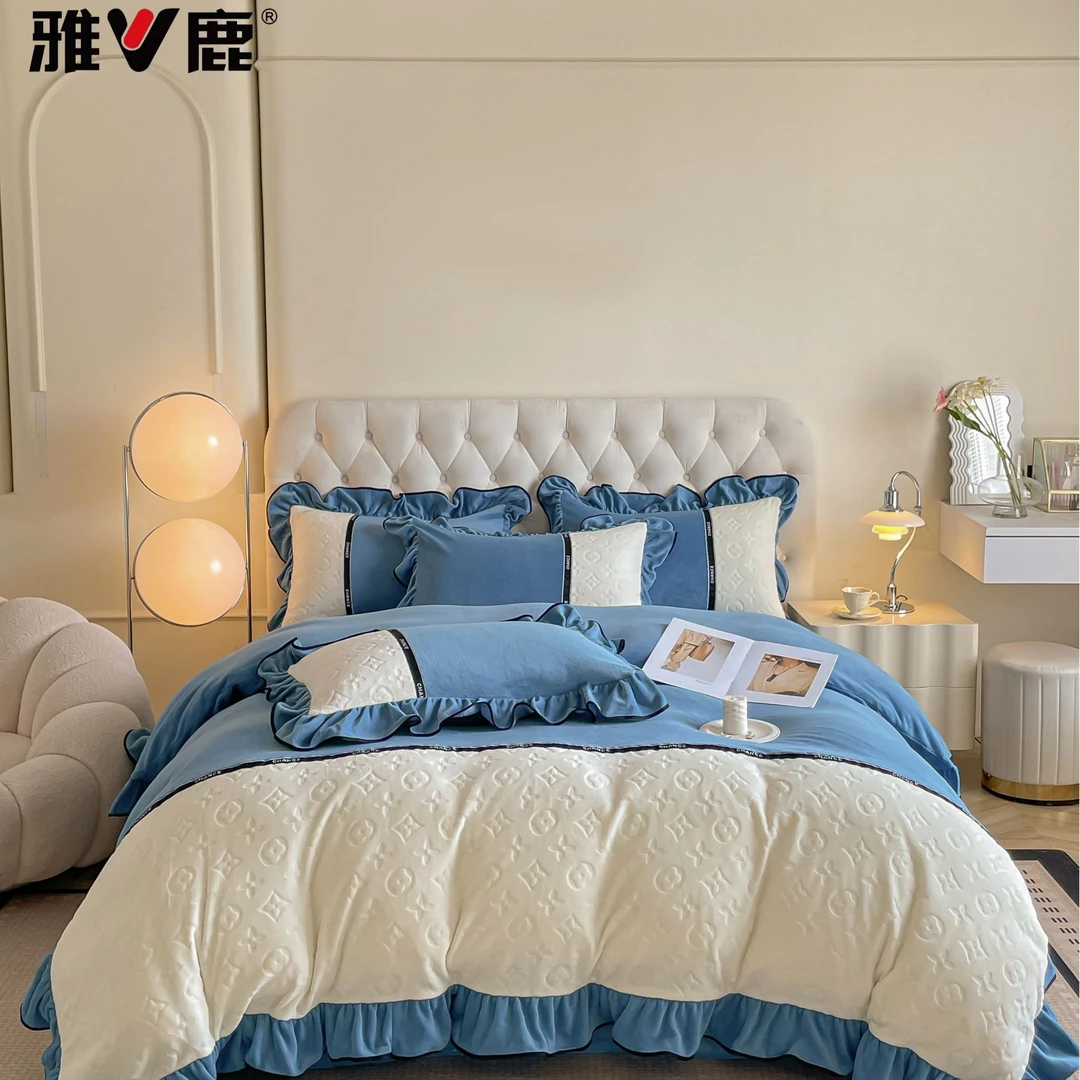 V/雅鹿冬季轻奢公主风荷叶边花边牛奶绒双面加绒加厚保暖四件套