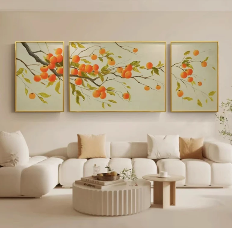 SF 12《柿柿如意》手工油画装饰画客厅三联画沙发轻肌理油画