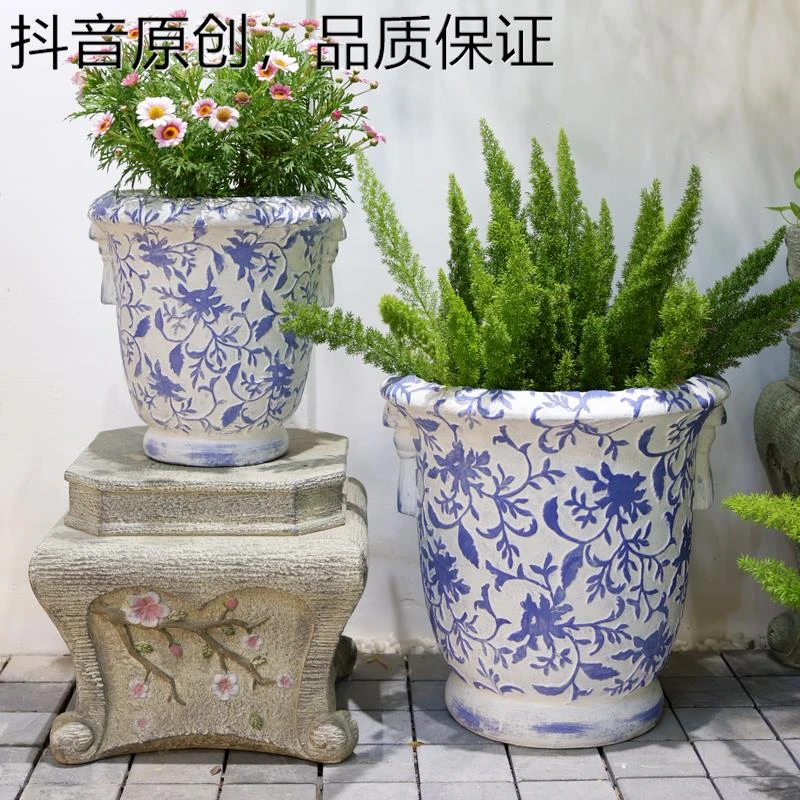 啄木 鸟庭院中式花盆仿青花瓷户外大号创意兰花三角梅盆景家用布