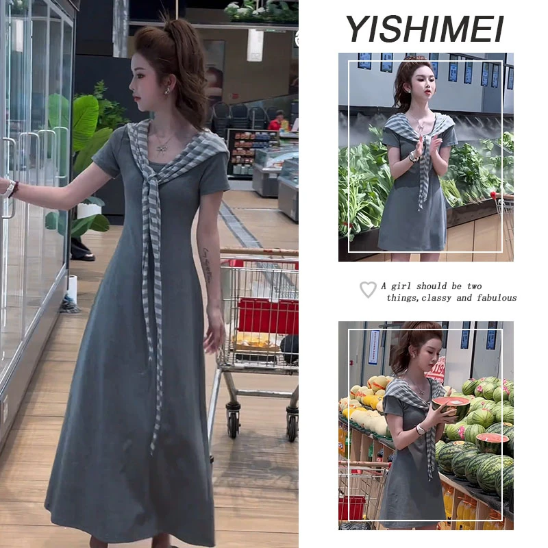 夏季温柔穿搭2025年新款时尚气质高腰显瘦短袖连衣裙长裙子
