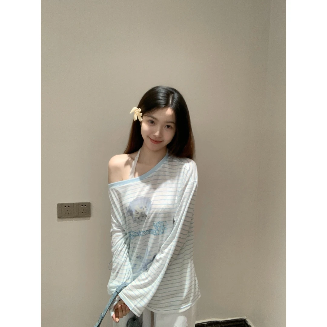 韩系慵懒风条纹罩衫长袖t恤女夏季新款宽松显瘦百搭防晒斜肩上衣