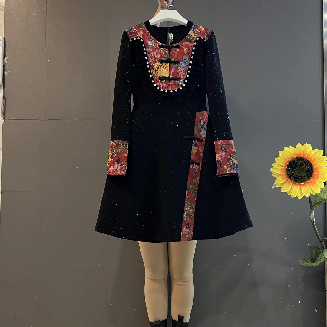 新中式国风复古盘扣时尚印花拼接收腰显瘦大码连衣裙