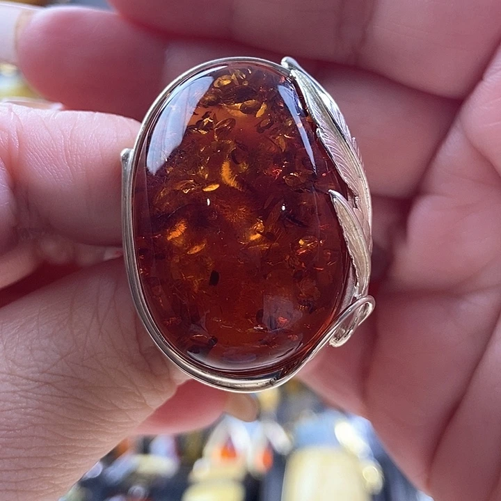 琥珀银S925镶嵌戒指戒指