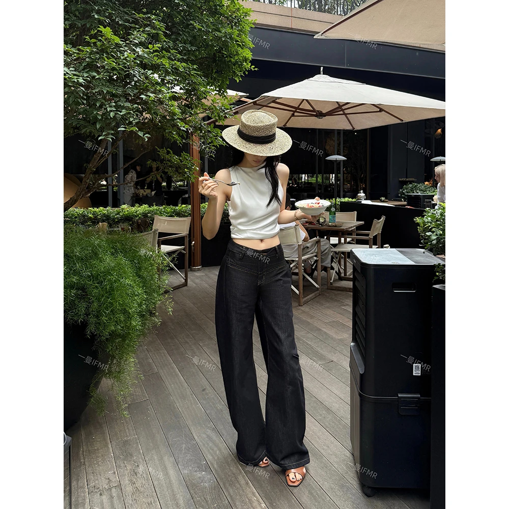 IFMR黑色阔腿牛仔裤女2025夏季新款时尚中腰显瘦宽松直筒阔腿裤子