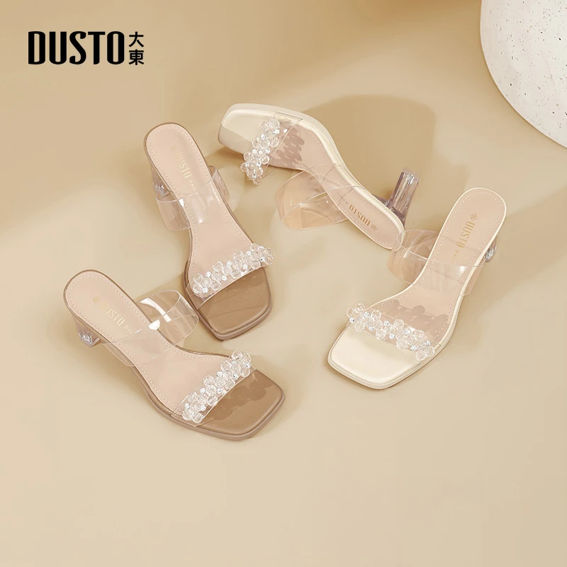 大东时尚方头高跟凉拖女夏季外穿仙女风透明水钻气质百搭拖鞋1172