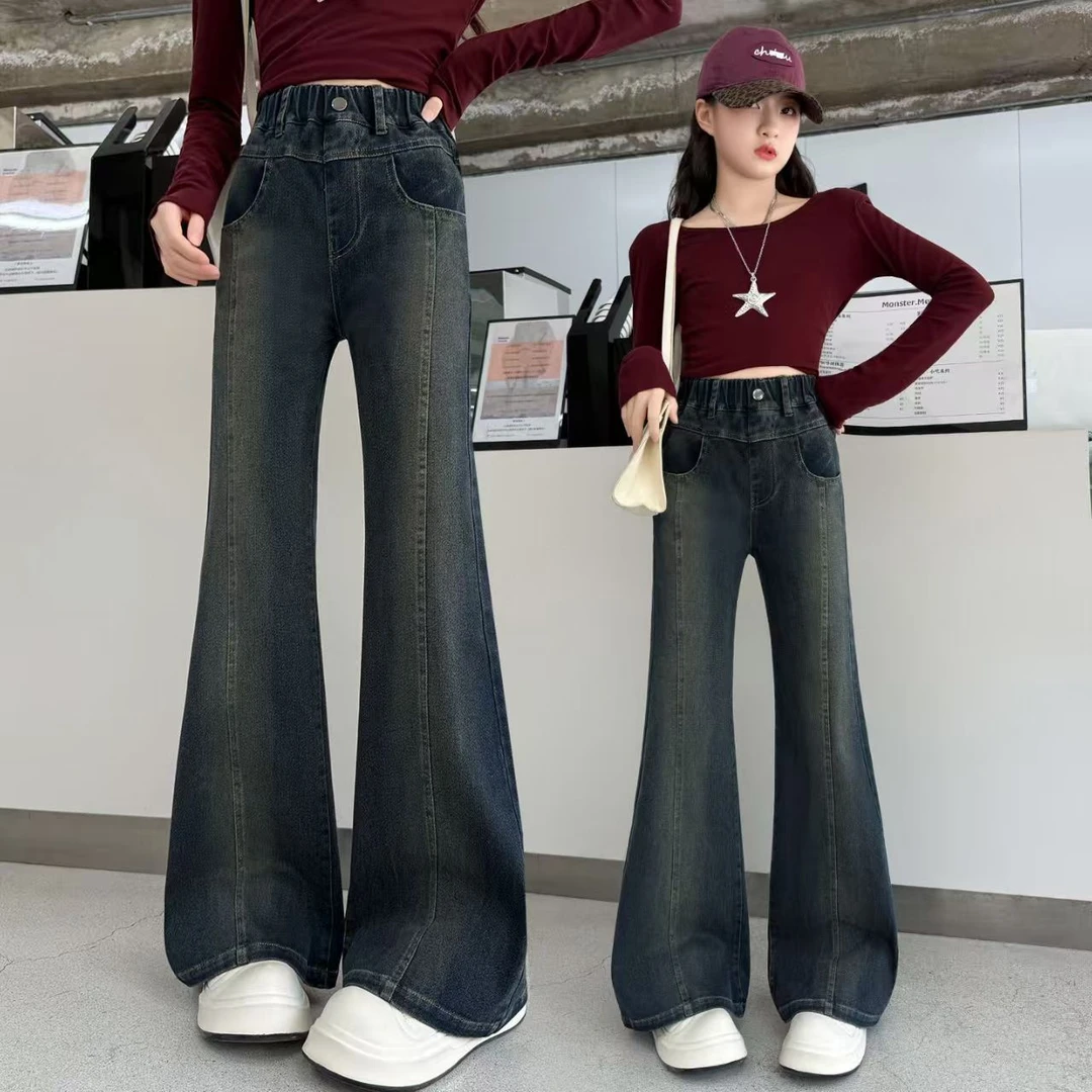 女童2025秋季新款拼接喇叭牛仔裤中大童时尚百搭儿童洋气直筒裤子