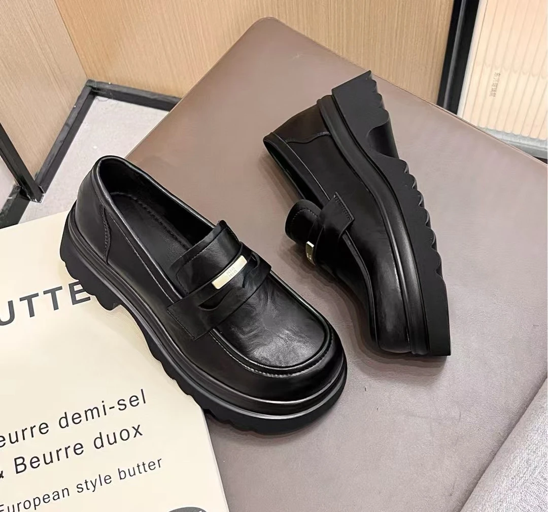 透气学院时尚英伦风黑色一脚蹬百搭乐福鞋单鞋真皮厚底粗跟