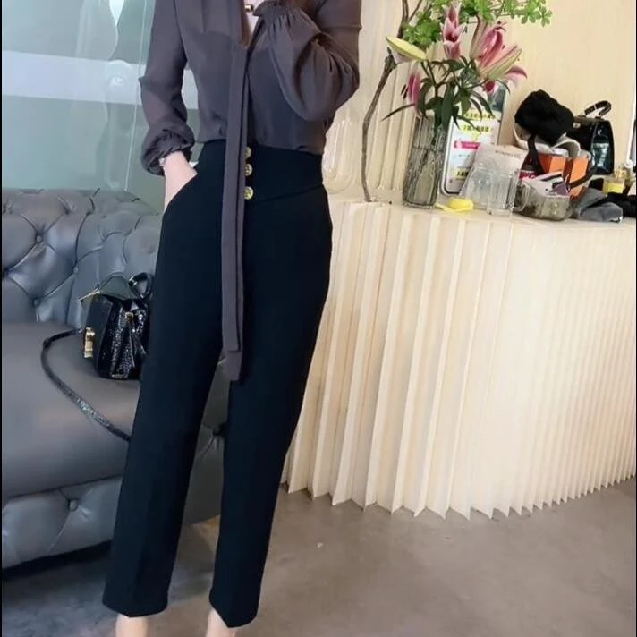 小个子休闲裤女春秋2025新九分黑色小脚西裤秋季薄款直筒烟管裤子