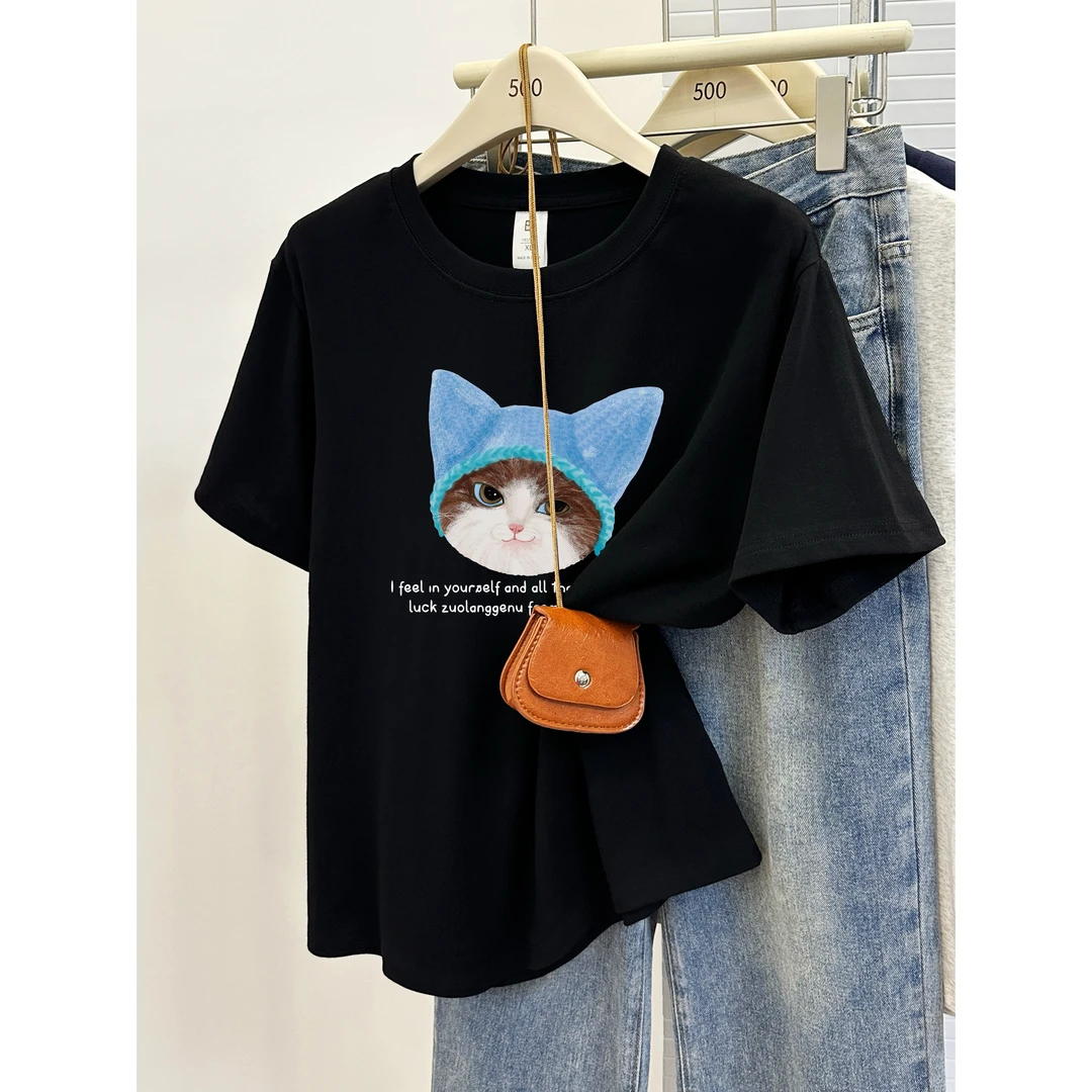 猫咪印花圆领正肩短袖t恤女夏季新款胖mm大码显瘦遮肉半袖上衣潮