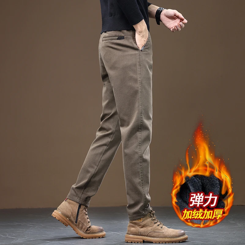 时尚冬季高级感加绒休闲裤男士修身直筒百搭保暖外穿中年商务长裤