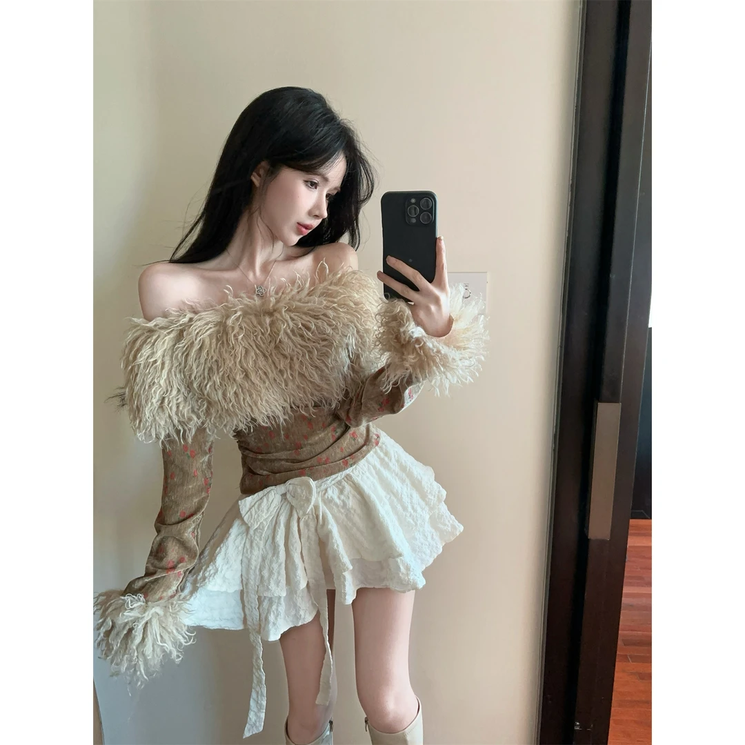 一字肩流苏毛毛领碎花加绒上衣蝴蝶结蛋糕裙女冬套装短裙辣妹短款
