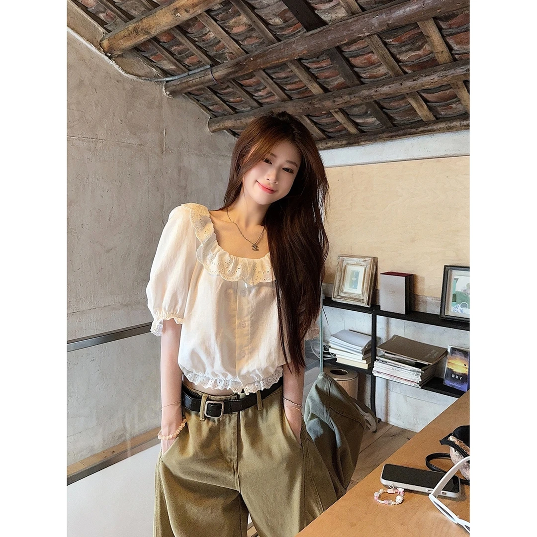 白色提花小衫女夏2025新款法式气质修身百搭洋气时尚花边衬衫上衣