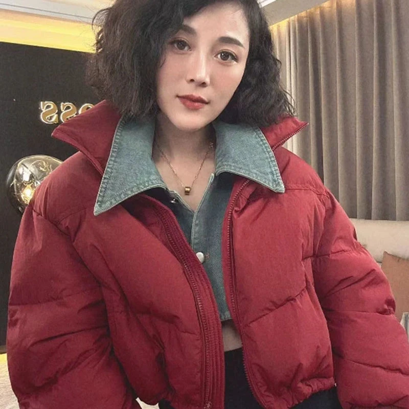 脱卸牛仔领棉服女2025冬季新款假两件棉衣韩版潮流宽松短棉衣外套