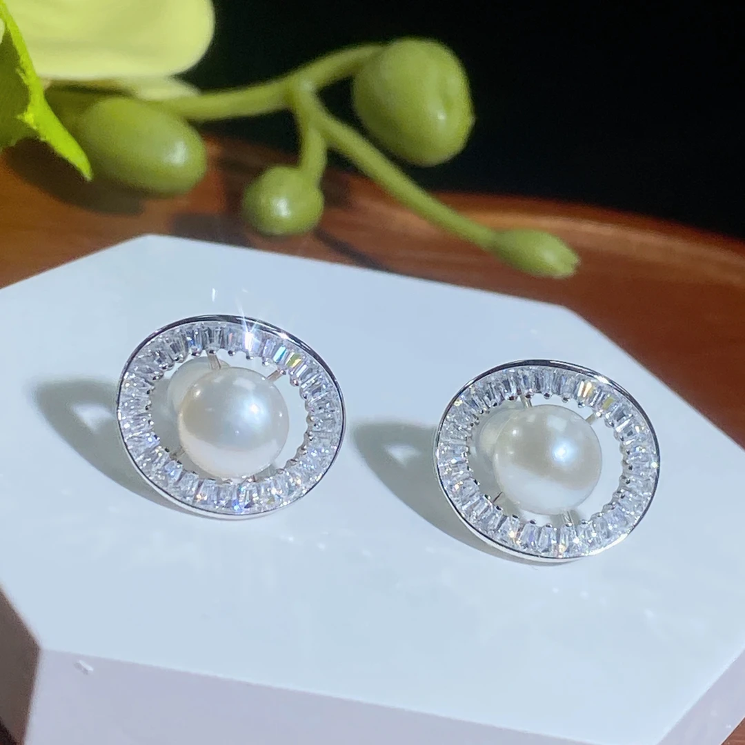 925银银制品 925银椭圆微镶珍珠耳环