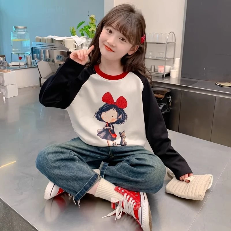 女童春秋纯棉t恤2025新款洋气儿童装韩版春装大童长袖卡通打底衫