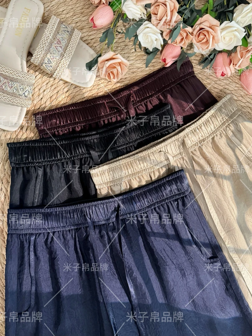 夏季百分百醋酸2025新款长裤直筒裤松紧腰抽绳显瘦醋酸面料裤子