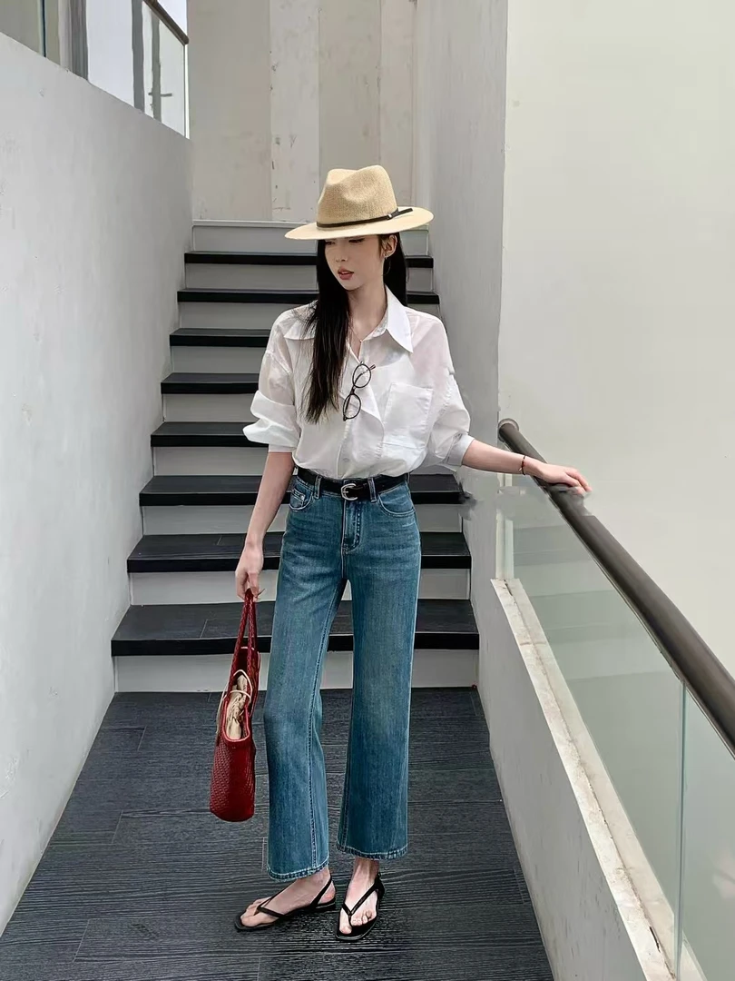 【西西里午后】2025显腿直简约气质百搭通勤复古九分微喇牛仔裤女