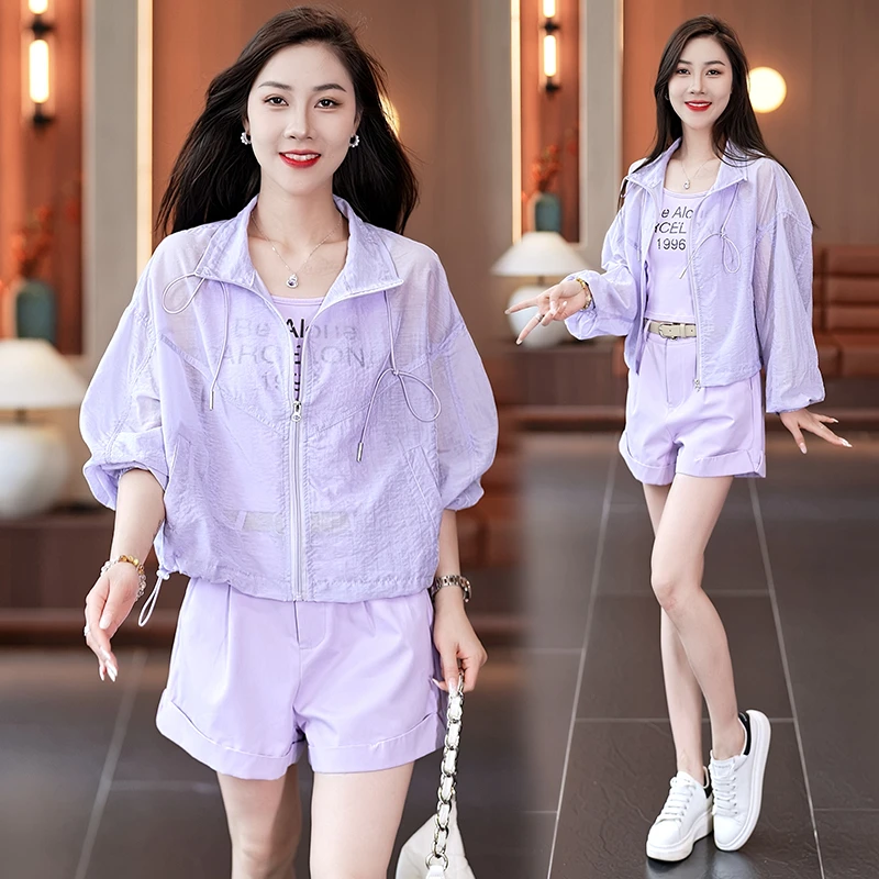 时尚ol休闲套装女小个子洋气质减龄显瘦防晒服外套吊带短裤三件套