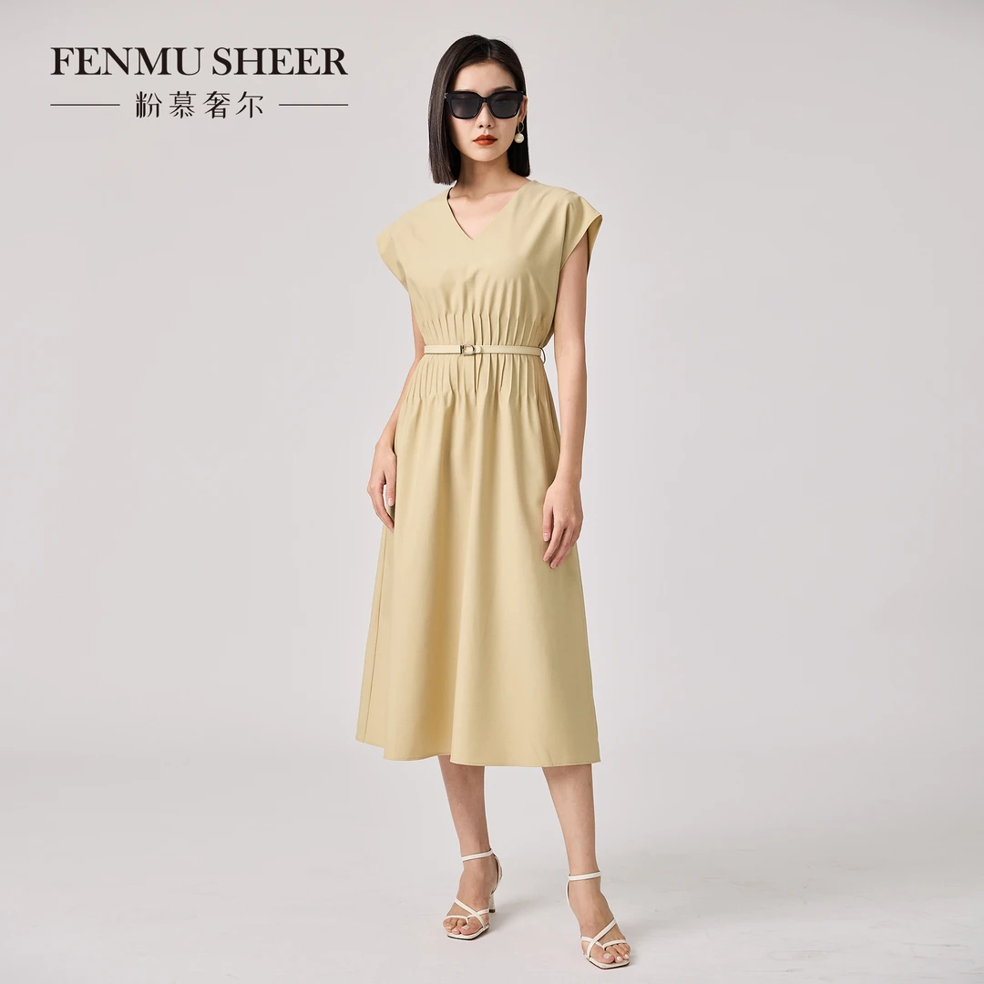 【粉丝专享】粉慕奢尔『云柔漫步』绵羊毛V领极简优雅显瘦连衣裙D2237