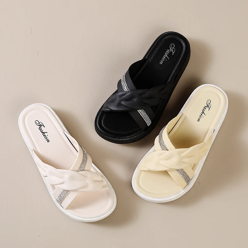 2025新款870-2交叉钻条夏季蝴蝶结外穿厚底鞋拖鞋女百搭网红防滑