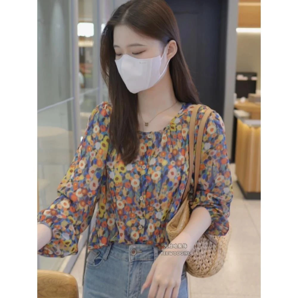 港风气质彩色碎花衬衫女夏装2025新款法式复古时尚别致上衣潮