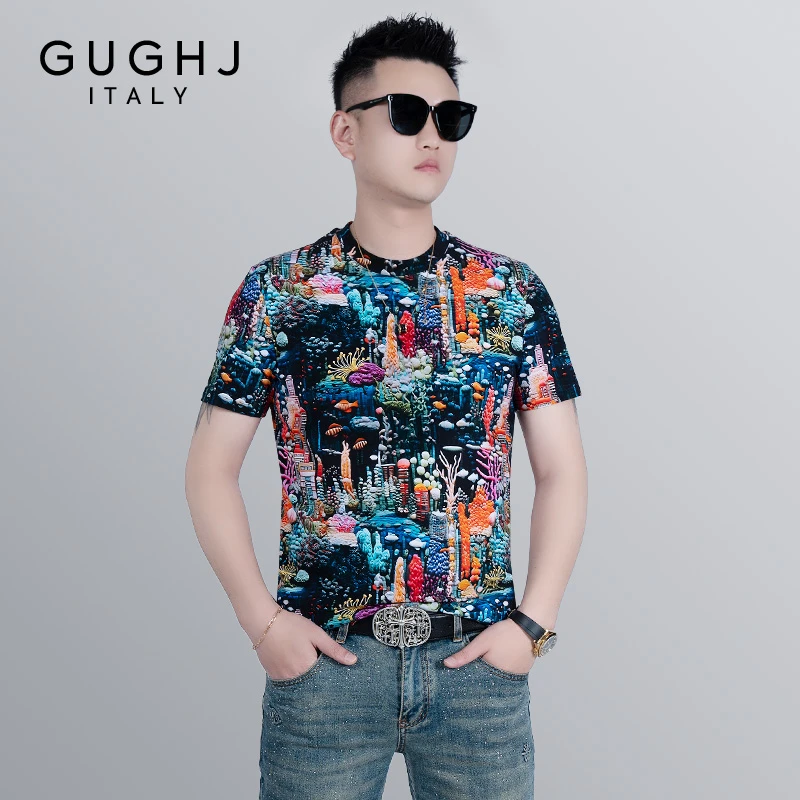 男士2025夏季新款个性数码彩绘印花修身圆领T恤潮流休闲百搭短袖