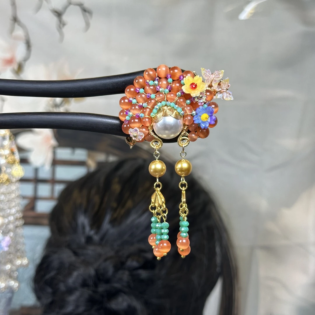 F076原创（烈日暖阳）橘色刀马旦手工檀木发簪双簪气质古风日常