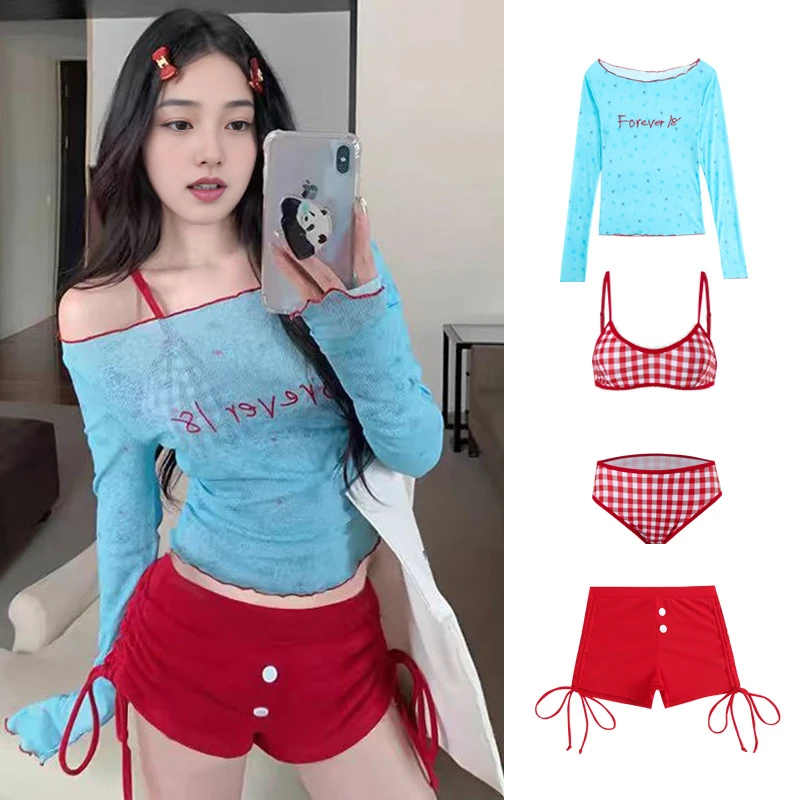 多巴胺可爱泳衣女纯欲比基尼四件套少女日系海边绝美罩衫遮肉显瘦