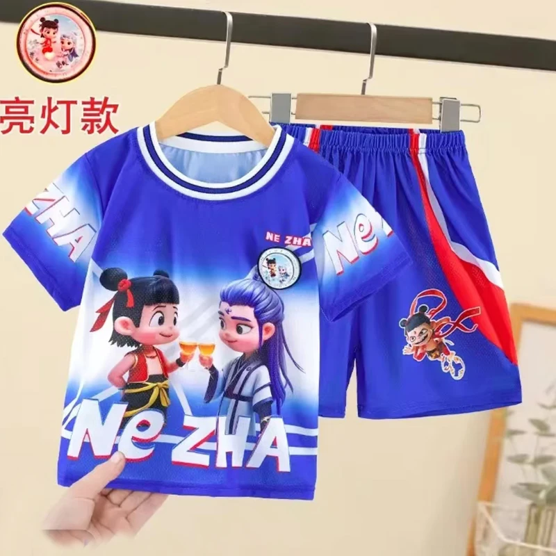 男女童冰丝速干两件套小女孩夏季宝宝卡通亮灯薄款凉感男童套装