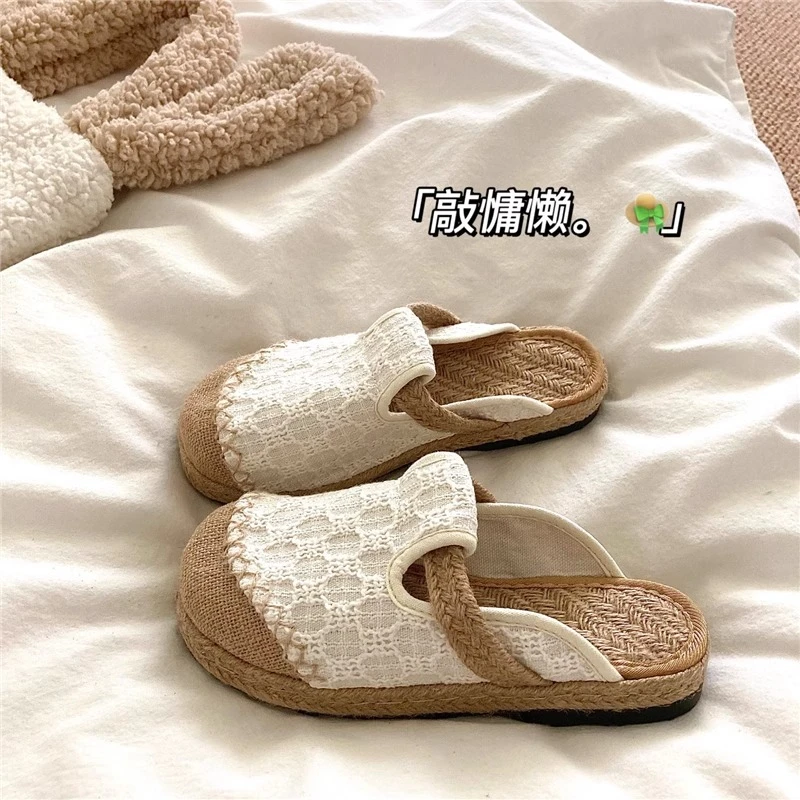 夏日小憩~！民族风手工草编亚麻凉鞋女夏季透气防滑外穿沙滩拖鞋