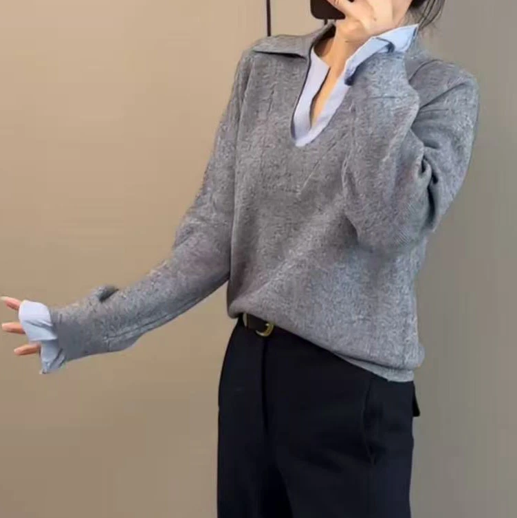 今年流行穿搭2025秋冬新款温柔风拼接假两件休闲翻领针织长袖上衣
