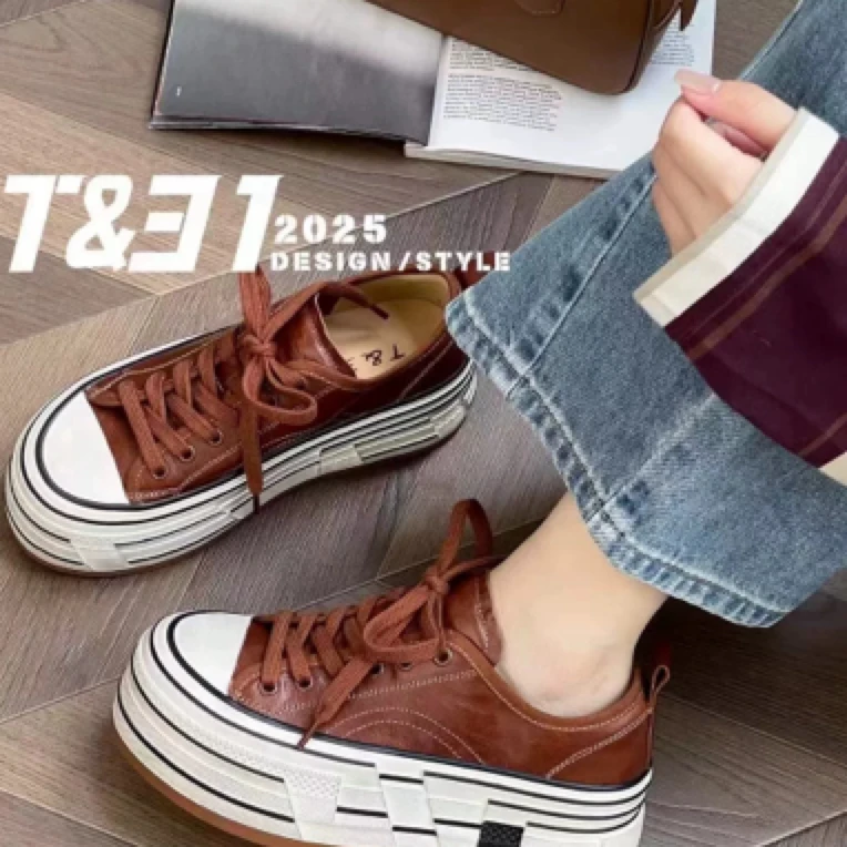 T31正品女鞋2025秋冬中古做旧油蜡牛皮双厚底增高休闲运动板鞋潮