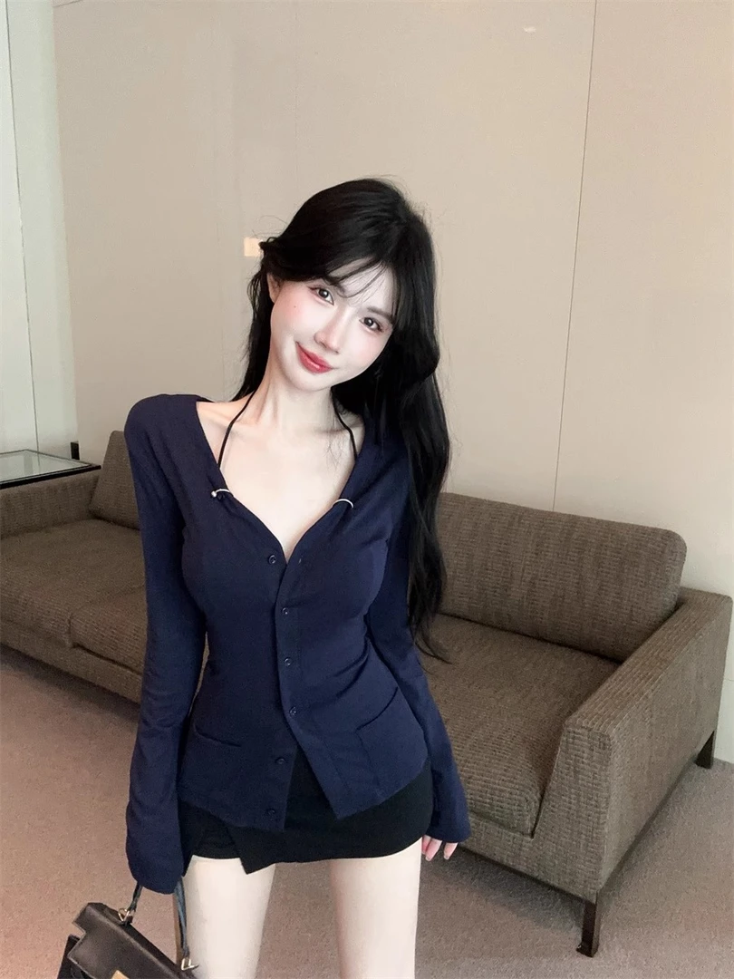 气质V领开衫长袖t恤网红爆款女装秋冬季新款设计感打底衫内搭上衣