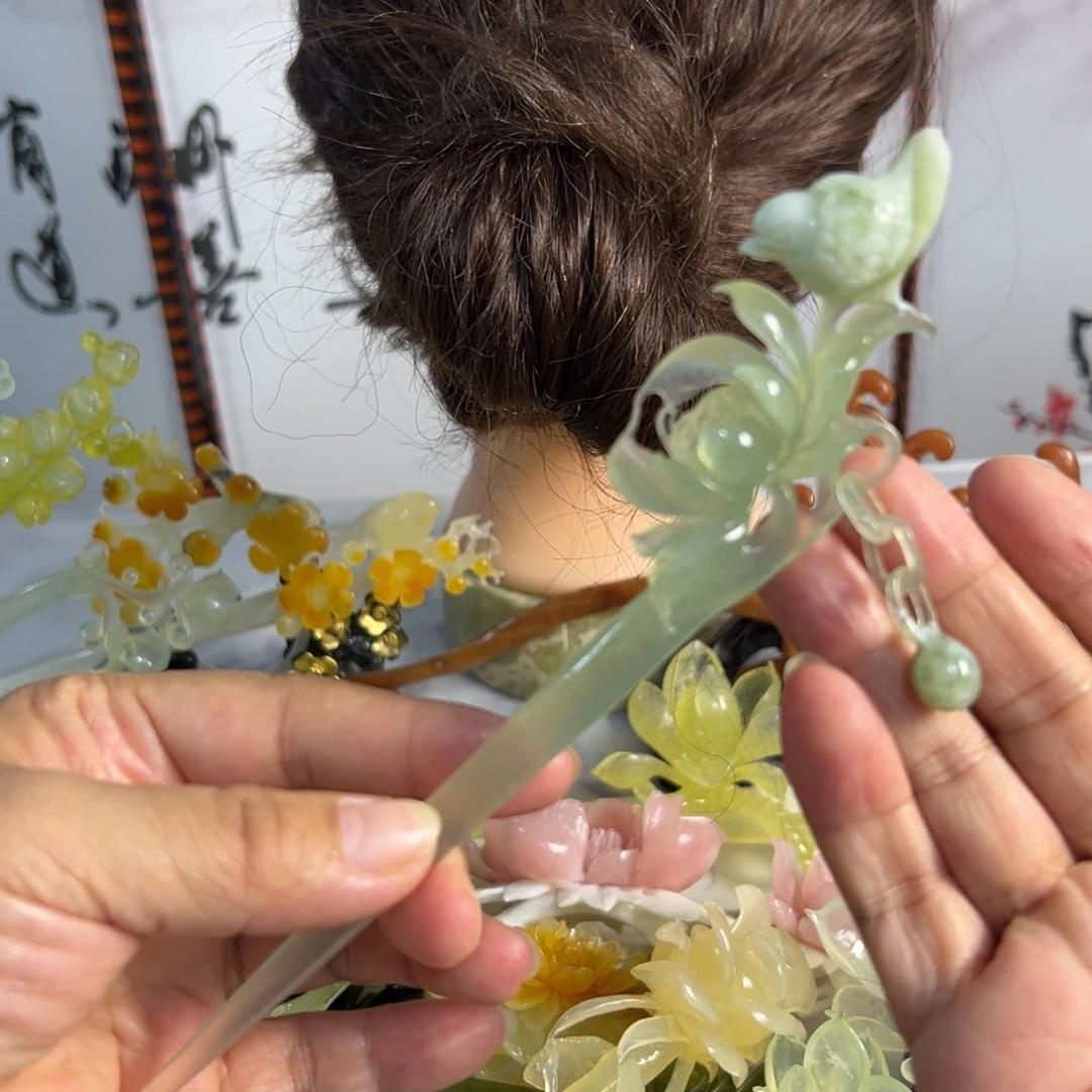 霜***霜定制蛇纹石玉毛货发饰