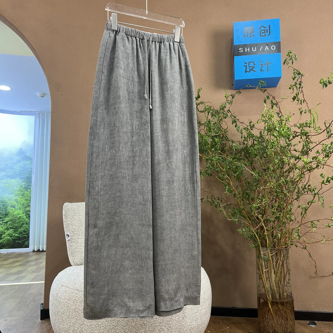 显瘦直筒裤女夏季薄款高腰苎麻垂感休闲裤百搭通勤宽松文艺松紧腰