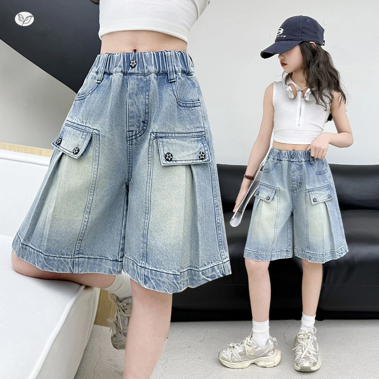 女童中裤夏季裤子新款袋盖牛仔中裤中大童直筒裤五分裤韩版阔腿裤