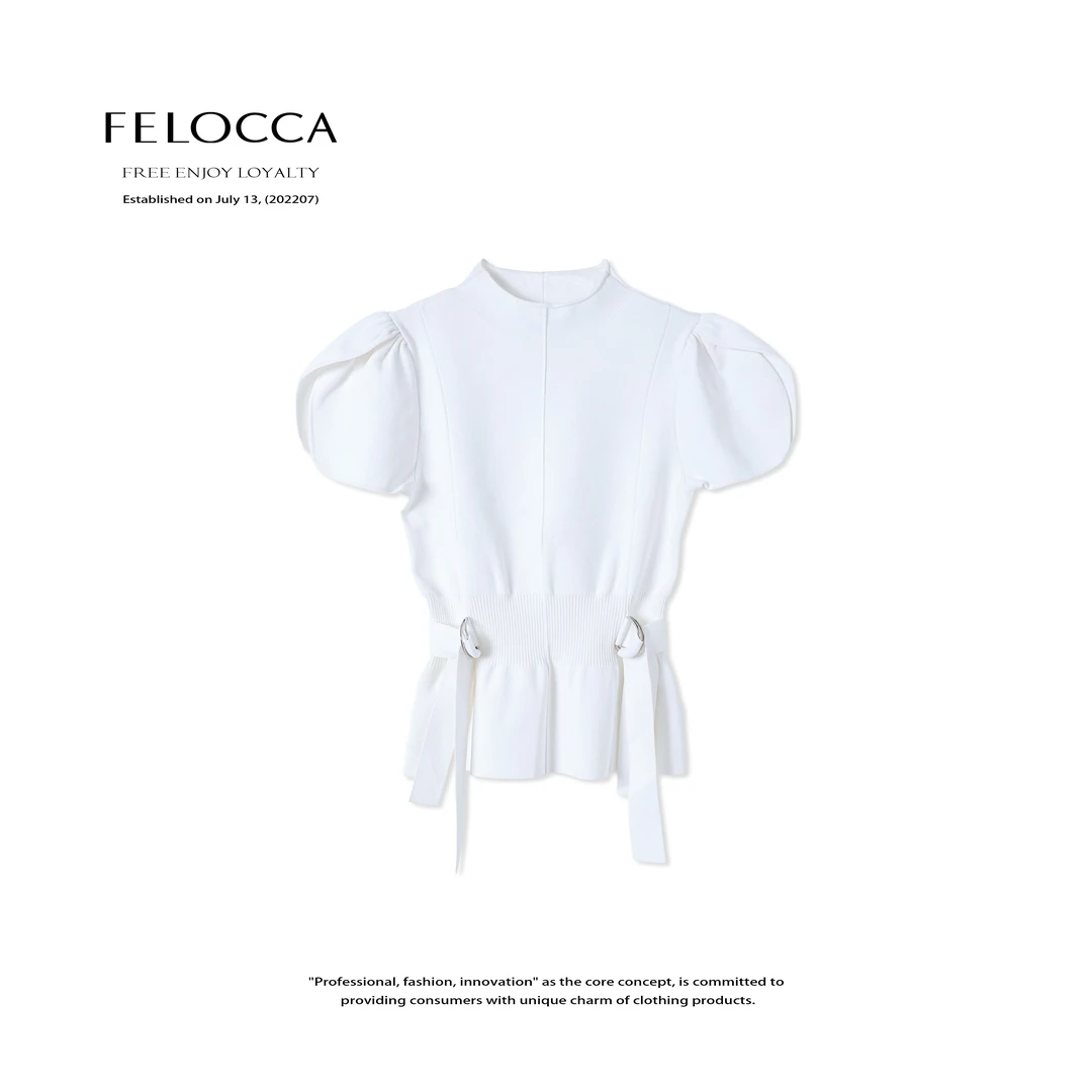 【FELOCCA】泡泡袖法式洋气慵懒风收腰半高领短袖上衣SG25SMZ025