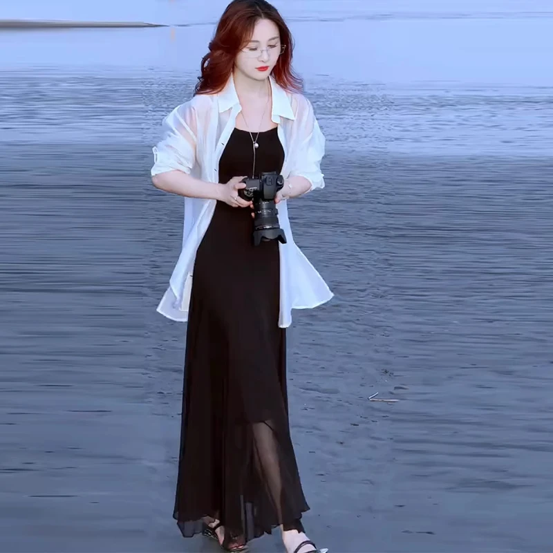 时尚连衣裙女夏季新款洋气质显瘦防晒衬衫搭配吊带裙纱裙两件套裙