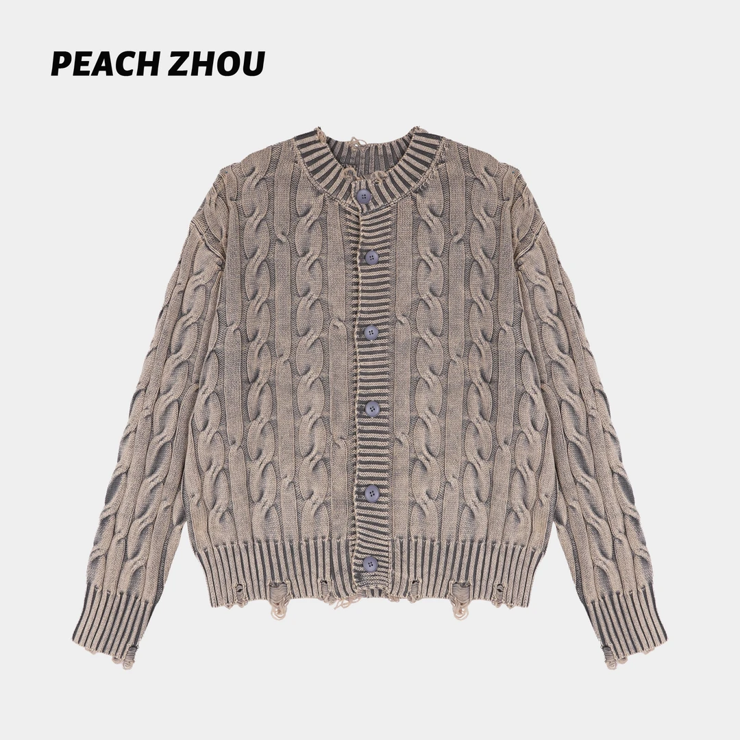 『PEACHZHOU』重工绞花毛边做旧磨白水洗宽松圆领针织毛衣休闲外套