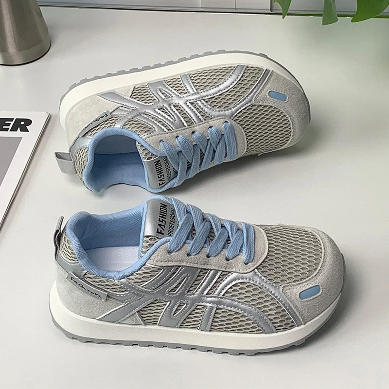 灰色网面大头德训鞋女2025春秋新款厚底透气软底百搭时尚休闲鞋潮