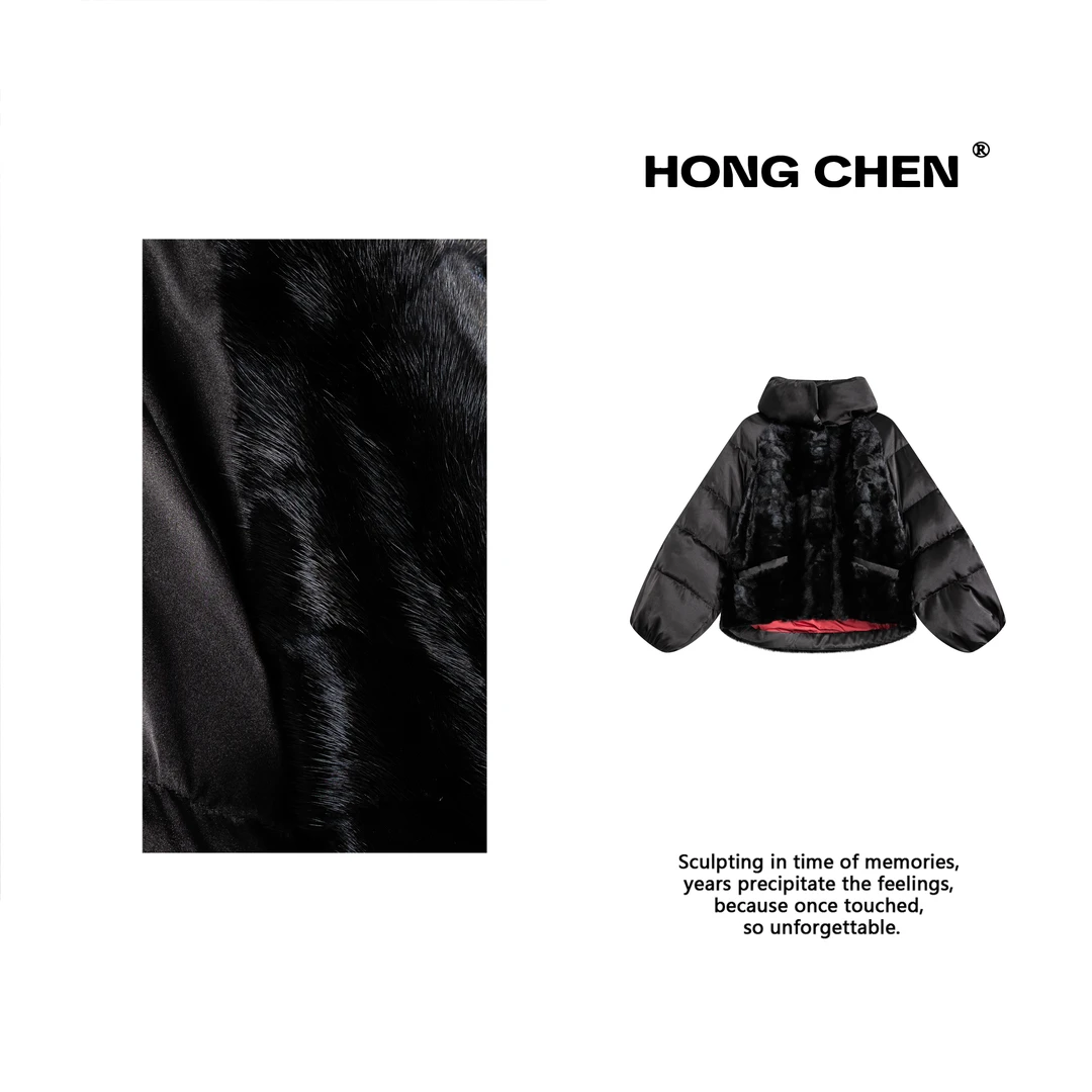 【虹辰·月牙貂】高端时尚优雅高级感法式气质拼月牙貂鹅绒服-HC2977